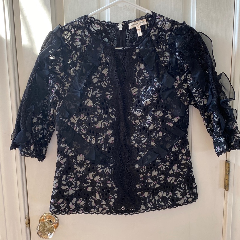 Amazing detail! Like New Rebecca Taylor black lace and ruffle top. Size 2.